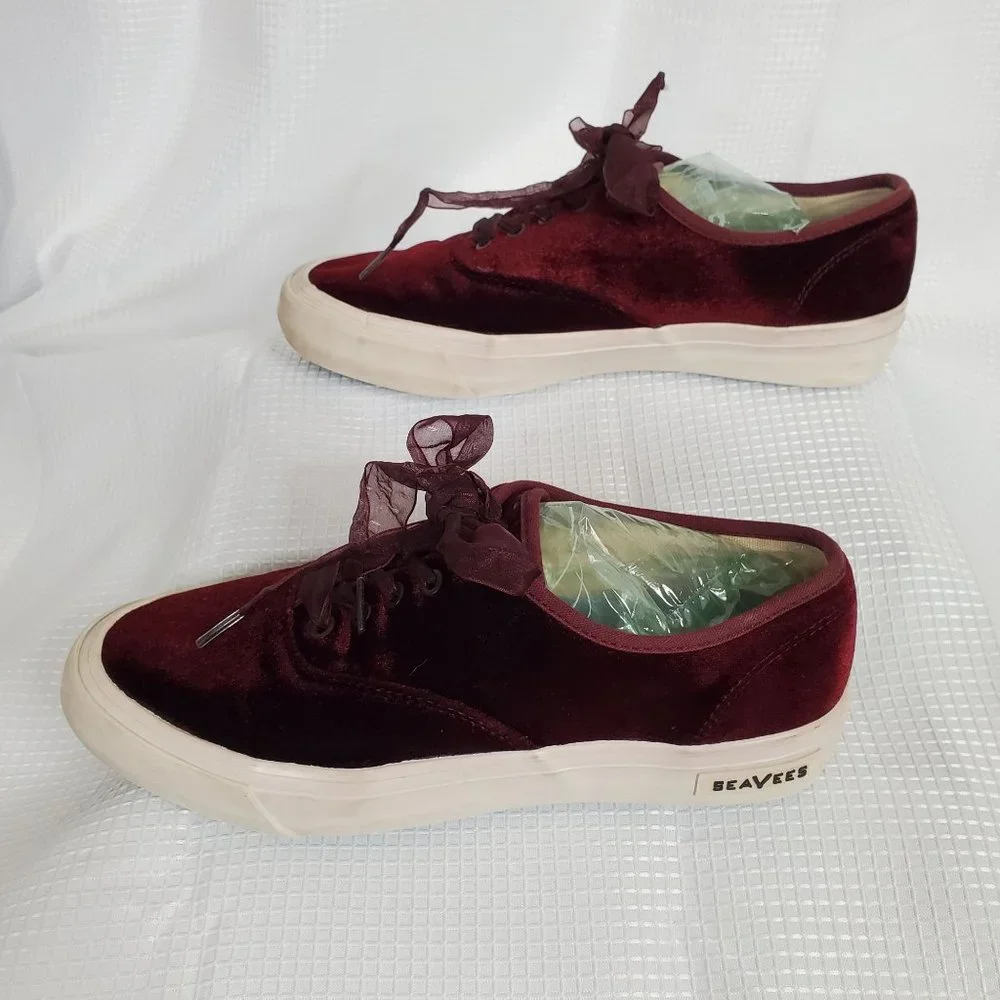 J.Crew SeaVees Womens Sz 8.5 Sneakers Legend Burgundy Velvet Sheer Ribbon Laces - Picture 4 of 9
